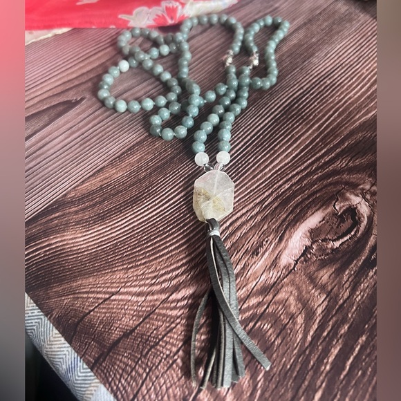 Handcrafted Jade Bead Mala with Leather Tassel - Picture 6 of 6